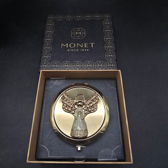 Monet Angel Compact Mirror Rhinestones In Box - Picture 5 of 6